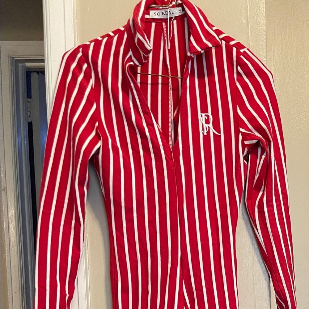 Soreal jumpsuit red with white strips medium